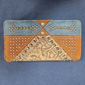 Montana West Trifold Purse Brown Tan Blue Studded Suede Leather